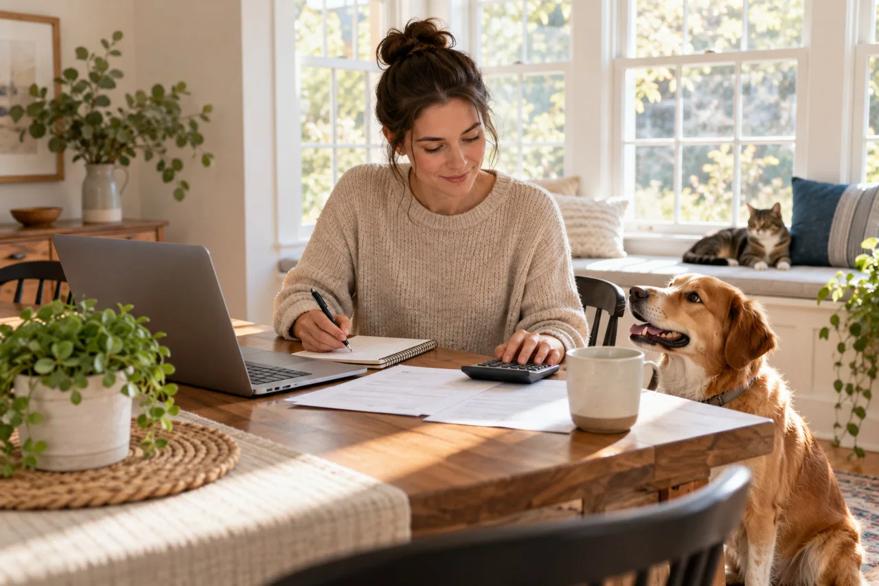 Owner comparing documents at a table with a dog and cat nearby